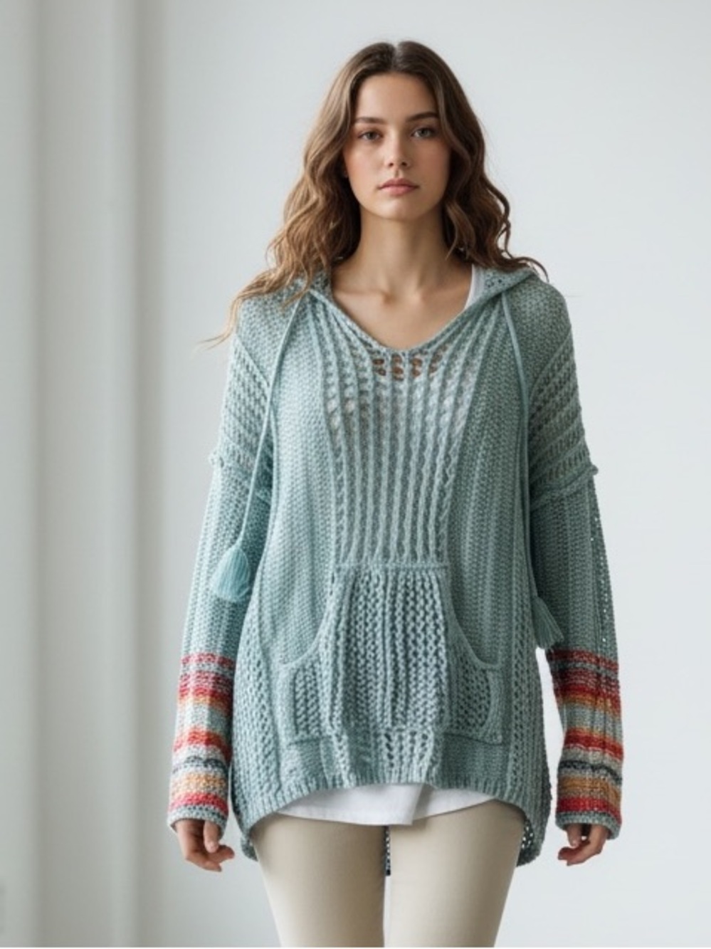 POL Mint Green Knit Hoodie Sweater with Multicolor Striped Cuffs